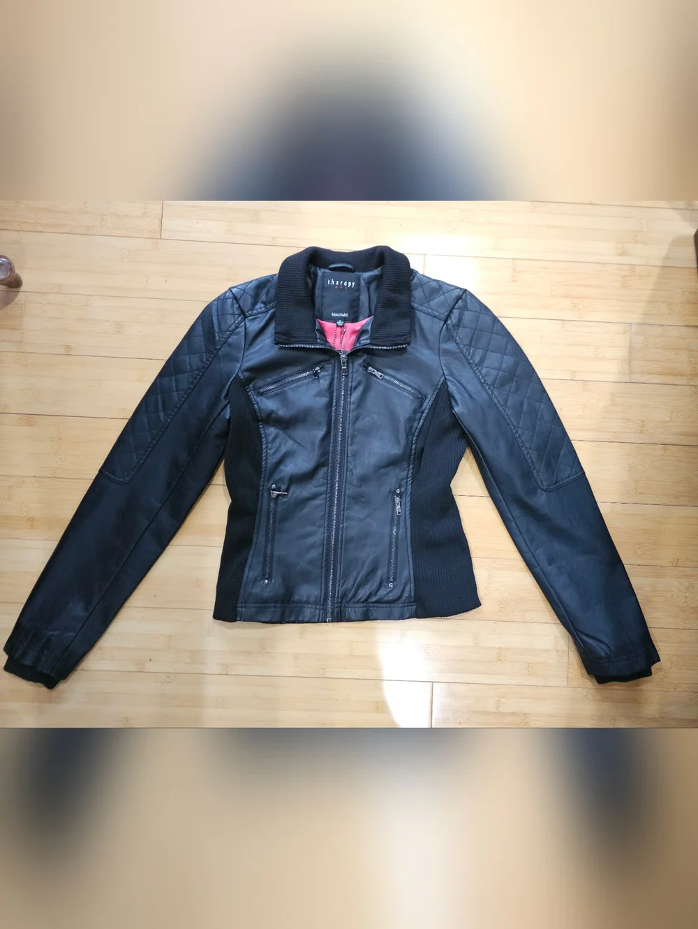 Therapy Lane Crawford Black Quilted Faux Leather Bomber Knit Zip Jacket Coat S - Picture 10 of 11